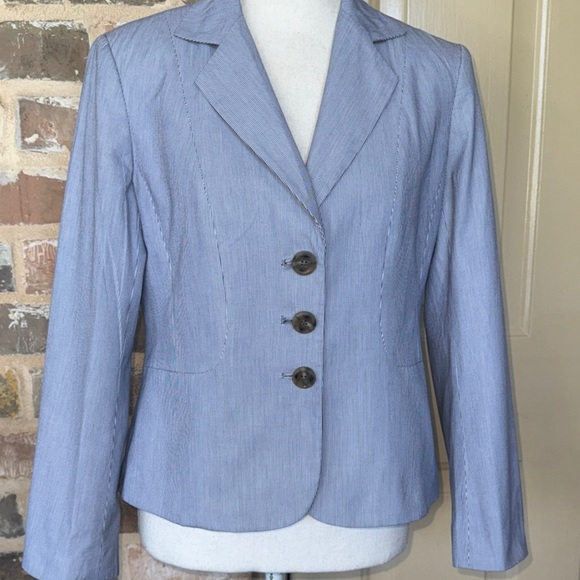 Talbots Petites Blue Preppy Pinstripe Fitted Blazer Jacket Italian Woven Cotton - Picture 6 of 11
